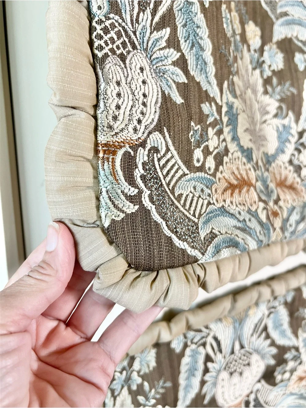 Vintage Jacquard Paisley Pillow Shams Set of 2 Ruffled Taupe Blue Cottagecore